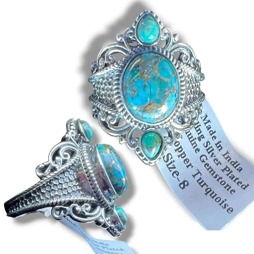 Vintage Blue Copper Turquoise Statement Ring – Size 8 - Sterling Silver Plated